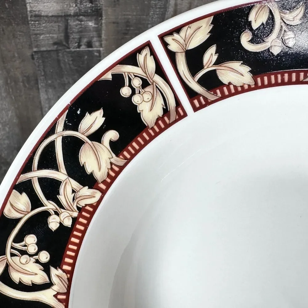 90's Sango SAVOY 8802 Royal Majestic Black Tan Stoneware‎ Rim Soup Bowls Set 4